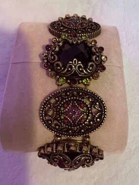 Vintage-Inspired Gold Tone Bracelet with Purple and Green Stones